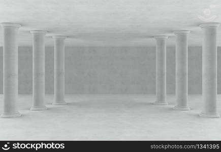 3d rendering. High roman style pole rows in empty cement room background.