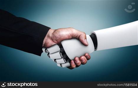 3D rendering humanoid robot handshake to collaborate future technology development by AI thinking brain, artificial intelligence and machine learning process for 4th industrial revolution.