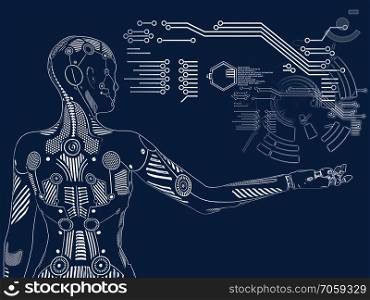 3D rendering illustration of a robot woman standing with its back agianst the camera, holding her arm out. Futuristic digital concept.. 3D rendering of female robot digital concept.