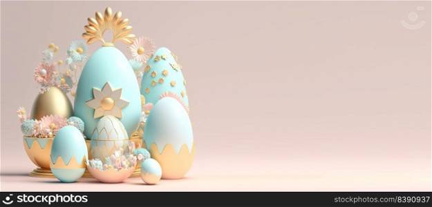 3D Rendering Illustration of Easter Banner Greeting with Eggs, Flowers, Copy Space