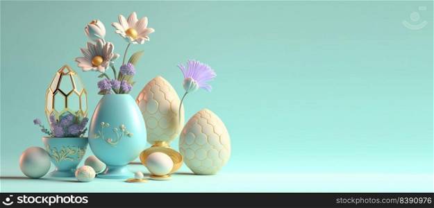 3D Rendering Illustration of Easter Banner with Eggs And Flowers