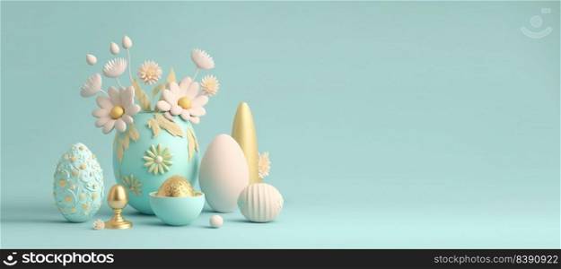 3D Rendering Illustration of Easter Celebration Background Greeting with Eggs And Flowers
