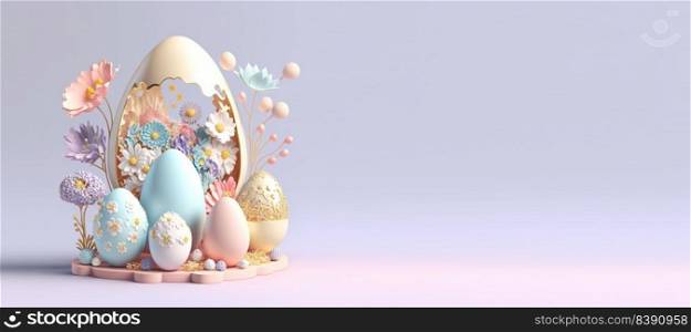 3D Rendering Illustration of Easter Celebration Background with Eggs And Flowers