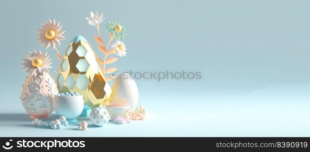 3D Rendering Illustration of Easter Celebration Banner Greeting with Eggs, Flowers, Copy Space