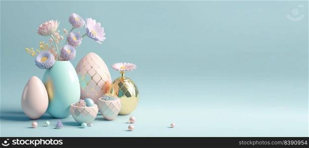 3D Rendering Illustration of Easter Celebration Banner with Eggs, Flowers, Copy Space