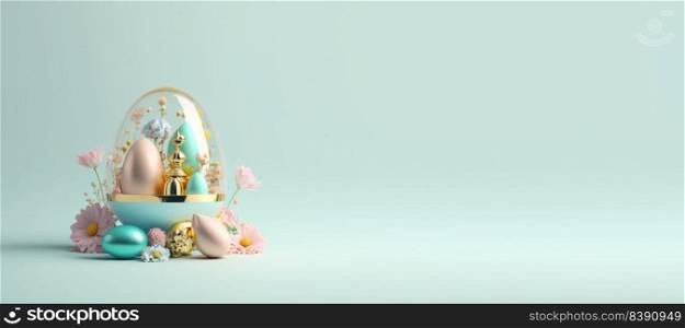 3D Rendering Illustration of Happy Easter Background Greeting with Eggs And Flowers