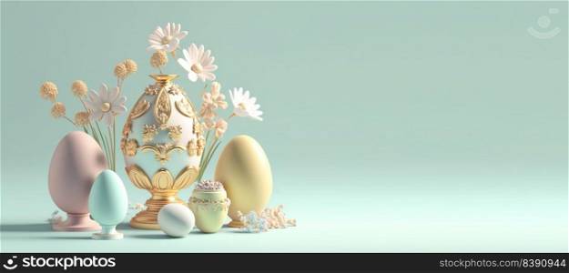 3D Rendering Illustration of Happy Easter Background Greeting with Eggs , Flowers, And Copy Space