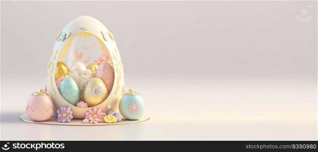 3D Rendering Illustration of Happy Easter Background with Eggs , Flowers, And Copy Space