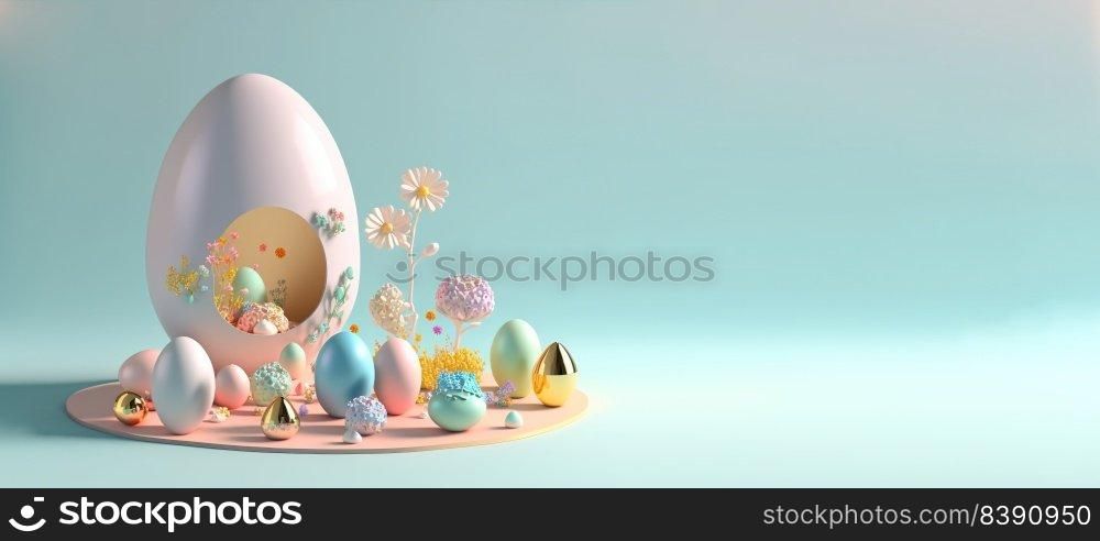 3D Rendering Illustration of Happy Easter Banner Greeting with Eggs And Flowers