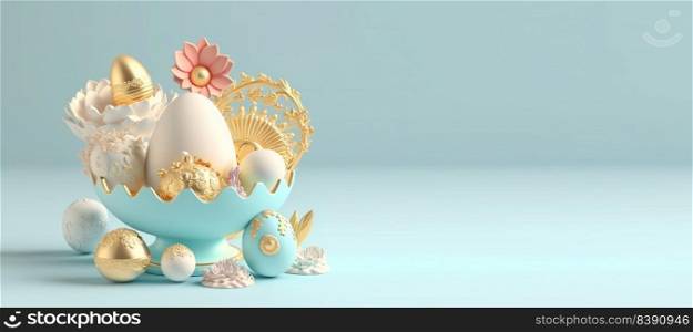 3D Rendering Illustration of Happy Easter Banner Greeting with Eggs, Flowers, Copy Space