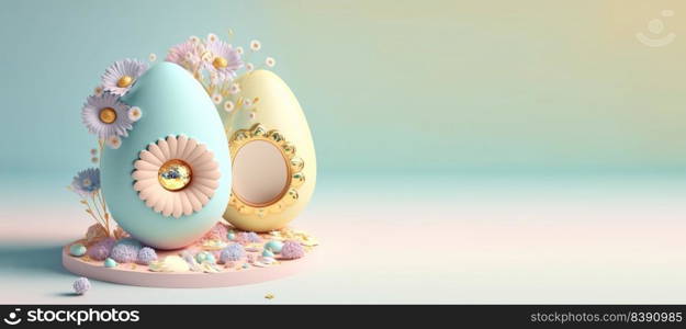 3D Rendering Illustration of Happy Easter Banner with Eggs And Flowers