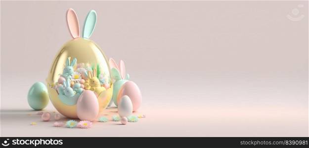 3D Rendering Illustration of Happy Easter Banner with Eggs, Flowers, Copy Space