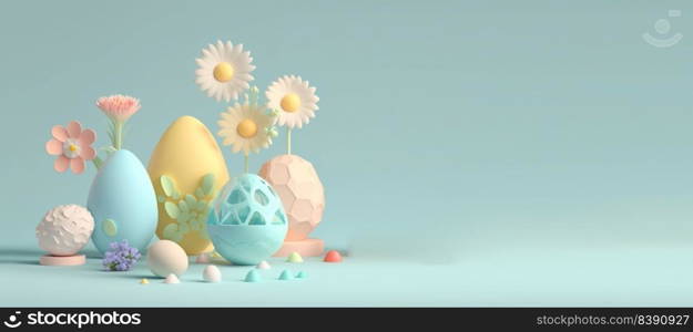 3D Rendering Illustration of Happy Easter Celebration Background Greeting with Eggs , Flowers, And Copy Space