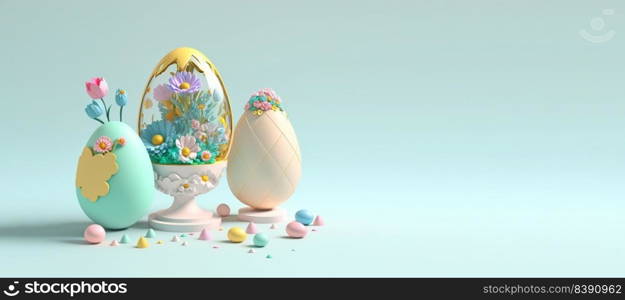 3D Rendering Illustration of Happy Easter Celebration Background with Eggs , Flowers, And Copy Space