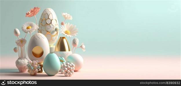 3D Rendering Illustration of Happy Easter Celebration Banner Greeting with Eggs And Flowers