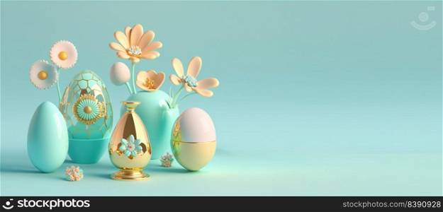 3D Rendering Illustration of Happy Easter Celebration Banner Greeting with Eggs, Flowers, Copy Space