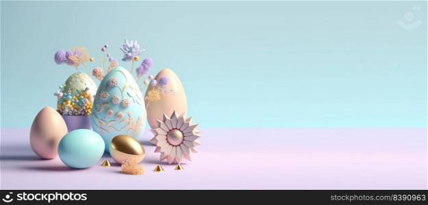 3D Rendering Illustration of Happy Easter Celebration Banner with Eggs, Flowers, Copy Space