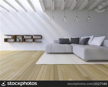 3d rendering image of 2022 wooden shelf on white brick wall. white sofa set on the wooden floor. background for new year festival.