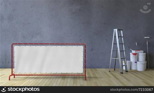 3d rendering image of a blank cracked concrete wall and wooden floor, Ladder and painting tools and color cans on the floor