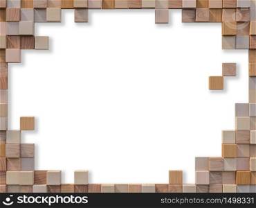 3d rendering image of a lot of cubic woods alligned to wall. Wall background. Seamless texture.Background and text box mockup