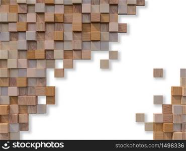 3d rendering image of a lot of cubic woods alligned to wall. Wall background. Seamless texture.Background and text box mockup