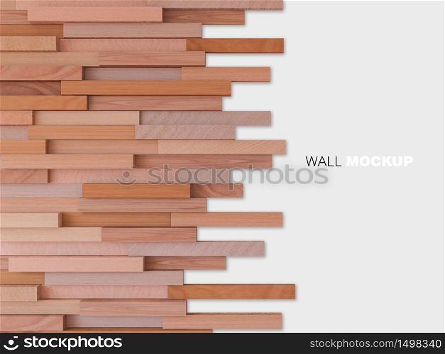 3d rendering image of a lot of cubic woods alligned to wall. Wall background.
