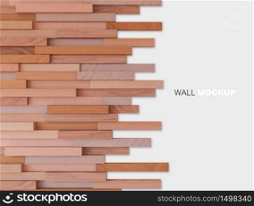 3d rendering image of a lot of cubic woods alligned to wall. Wall background.