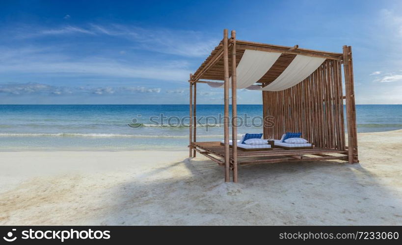 3D rendering image of bamboo tent which cover by fabric loacted on the beach, fabric ceiling being blow by wind from the sea, white and blue day bed and pillow