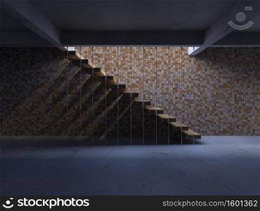 3d rendering image of hanging wooden stair witch have shadow on the wall.