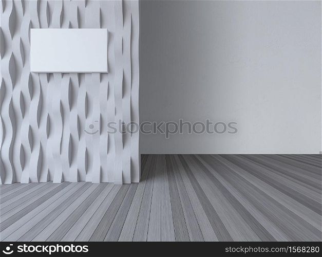 3d rendering image of Interior design with curved wall and wite concrete wall place on wooden floor