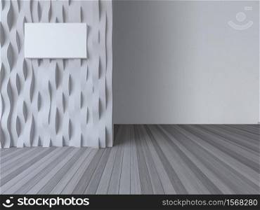 3d rendering image of Interior design with curved wall and wite concrete wall place on wooden floor