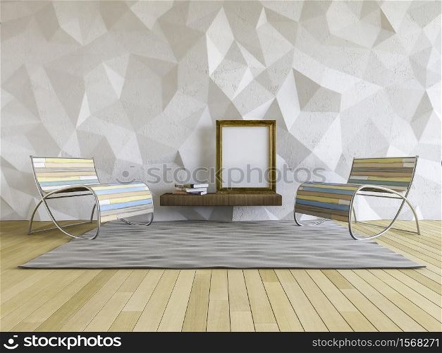 3d rendering image of loft style living room, crackerd concrete wall,wooden floor, low polygon decorative wall,blank photo frame and books on shelf