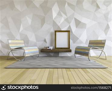 3d rendering image of loft style living room, crackerd concrete wall,wooden floor, low polygon decorative wall,blank photo frame and books on shelf