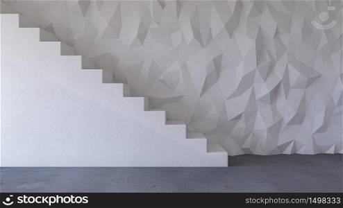 3d rendering image of polygon white concrete stair and cable shelf which have photo frame on it. Photo frame mockup.