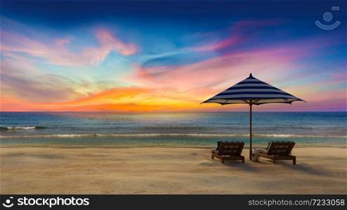 3D rendering image of timber tent which cover by fabric loacted on the beach, curtain being blow by wind from the sea, white and blue day bed,sunset time perspective