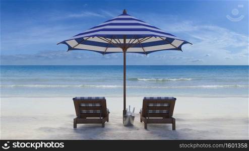 3d rendering image of wooden day bed under the blue and white umbrella on the beach, day time perspective