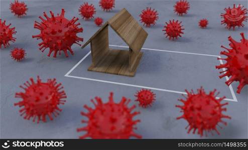 3d rendering image of wooden house model place on concrete wall which surrounded by a lot of simple virus model.