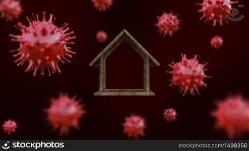 3d rendering image of wooden house model surrounded by a lot of simple virus model.