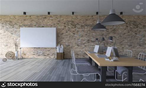 3d rendering image of working room which have a blank white board for fill your words, Old brick wall and woodden floor