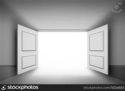 3D rendering in opened door with bright light on empty white wall background