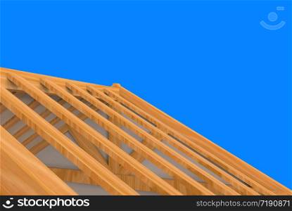 3d rendering. incomplete building new roof wood house construction work with clipping path isolated on blue background.