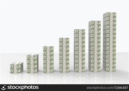 3d rendering. increasing US hundred dollars banknotes stack bar chart background.