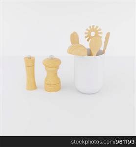 3D rendering kitchen utensils ,Pepper bottle,salt bottle,fork,spoon and white wall