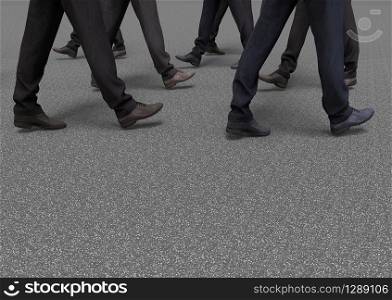 3d rendering. legs of businessman group who walking on concrete road.
