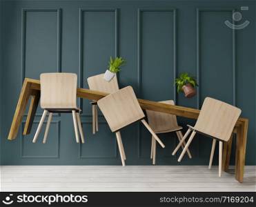 3d rendering levitation Dinning table in big room.interior design, art deco style,green wall for mock up and copy space
