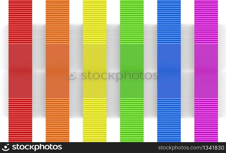 3d rendering. LGBT rainbow color design panel bars on white wall background.