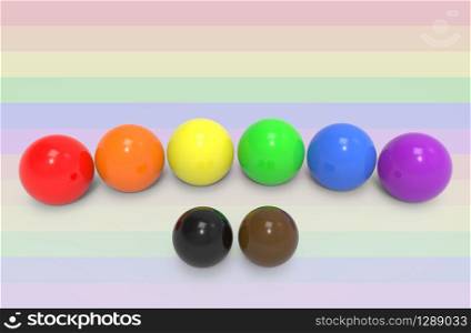 3d rendering. lgbt rainbow color style sphere with black and brown balls on flage background. welcome new sign to pride community concept.