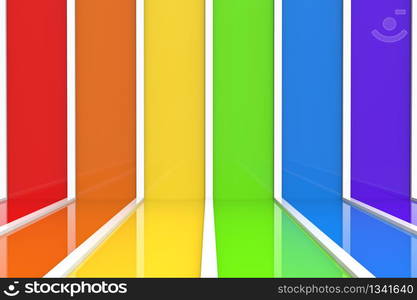 3d rendering. LGBT rainbow color vertical bar pattern wall and floor background.