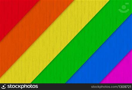 3d rendering. LGBT Rainbow diagonal wood panels wall background.