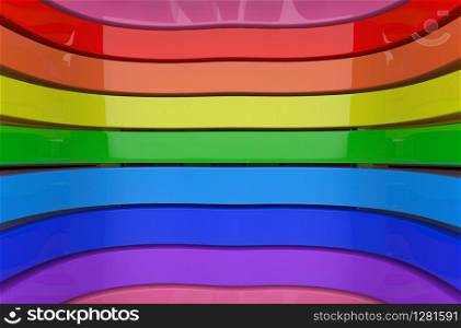 3d rendering. lgbtq rainbow color curve panels wall background.